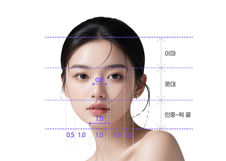 이상적인 코 비율 — 얼굴 가로·세로 비율(1:1:0.8) 측정 다이어그램